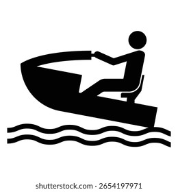 This minimalist black silhouette illustration showcases a person riding a boat over water, perfect for themes of adventure, leisure, and outdoor activities.