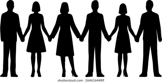 This is a minimalist black silhouette vector illustration of a diverse group of people (or abstract figures) standing side-by-side, holding hands. 