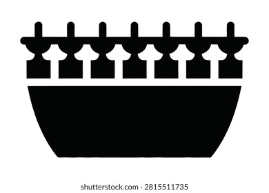 This minimalist black silhouette vector icon features a bowl with highly decorative and ornate edges presented against a clean white background. The simple graphic style makes it ideal for representing traditional rituals offerings or household objects.