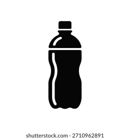 This is a minimalist black vector icon of a clear plastic water bottle, perfect for representing hydration, beverages, or environmental sustainability themes.