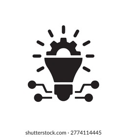 This minimalist black vector icon combines a light bulb with a gear, symbolizing creativity, innovation, and technological advancement. The gear sits atop the bulb, surrounded by radiating lines that represent bright ideas and inspiration. Circuit-like lines extend from both sides of the bulb, connecting to circular nodes that signify digital connectivity and engineering precision. Perfect for use in tech branding, innovation projects, or creative design visuals, this icon embodies the fusion of ideas and technology.