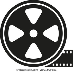 This minimalist black vector icon depicts a classic film reel with an unwinding strip of celluloid, symbolizing cinema, video production, and entertainment media. The clean silhouette design is perfect for movie theater branding, streaming platform interfaces, and creative agency portfolios requiring recognizable filmmaking imagery.
