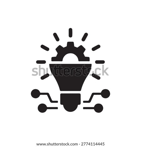 This minimalist black vector icon combines a light bulb with a gear, symbolizing creativity, innovation, and technological advancement. The gear sits atop the bulb, surrounded by radiating lines that represent bright ideas and inspiration. Circuit-like lines extend from both sides of the bulb, connecting to circular nodes that signify digital connectivity and engineering precision. Perfect for use in tech branding, innovation projects, or creative design visuals, this icon embodies the fusion of ideas and technology.