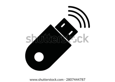 This minimalist black vector icon showcases a modern USB flash drive emitting wireless signal waves symbolizing seamless data transfer and digital connectivity across various technological platforms a clean graphic ideal for illustrating secure port.