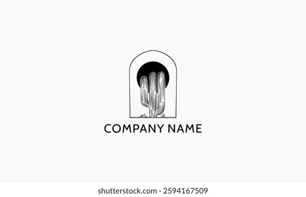This minimalist black and white graphic logo shows a saguaro cactus within an arched frame, the sun behind.