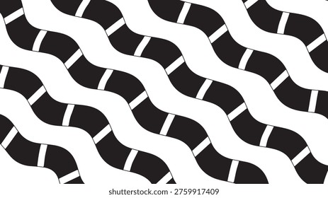 This is a minimalist black and white graphic design featuring thick, diagonal wavy lines that intersect with smaller, perpendicular bars, creating a rhythmic and repeating geometric pattern. The high contrast between the solid black background and the white shapes creates a bold, optical effect that appears structured yet fluid.