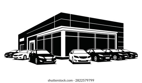 This minimalist black and white graphic depicts a contemporary automotive showroom building featuring large glass windows and multiple cars parked neatly along the front exterior area.