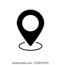 This is a minimalist black and white icon depicting a location pin. The pin features a solid black teardrop shape with a white circle in its center, commonly used to denote a specific point on a map or a GPS location. Below the tip of the pin, a subtle curved line suggests the ground or the exact spot being marked. The icon is rendered in a flat, modern style, making it versatile for various digital interfaces and mapping applications. It symbolizes navigation, destination, and geographical tagging.