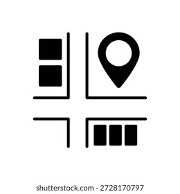 Este icono minimalista en blanco y negro representa una vista aérea simplificada de una intersección de la calle dentro de un paisaje urbano. Las Formas rectangulares representan edificios o bloques de una ciudad, ubicados a ambos lados de las carreteras que se cruzan. En una de las intersecciones, se coloca un marcador o pin de ubicación negro sólido y prominente, que indica un punto de interés o destino específico. El diseño es limpio y abstracto, transmitiendo temas de navegación, mapeo, ubicación geográfica y encontrar un lugar en particular.