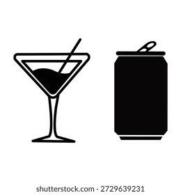 Este conjunto de iconos minimalistas en blanco y negro cuenta con una copa de cóctel martini clásica con una pajita junto a una lata de refrescos o cerveza abierta. Representa opciones de bebidas comunes para varias Configuraciones, como bares o eventos casuales.