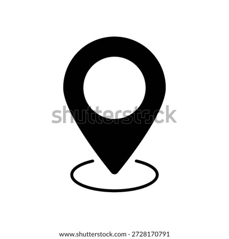 This is a minimalist black and white icon depicting a location pin. The pin features a solid black teardrop shape with a white circle in its center, commonly used to denote a specific point on a map or a GPS location. Below the tip of the pin, a subtle curved line suggests the ground or the exact spot being marked. The icon is rendered in a flat, modern style, making it versatile for various digital interfaces and mapping applications. It symbolizes navigation, destination, and geographical tagging.