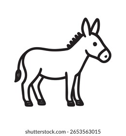Esta é uma ilustração minimalista em preto e branco de um burro, desenhado com linhas simples e limpas.