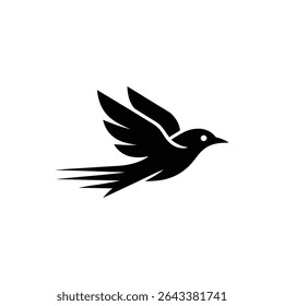 This minimalist black and white image presents an elegant, stylized bird in mid-flight, featuring a sleek design and streamlined feathers against a clean background.