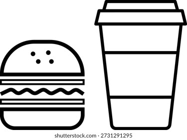 This is a minimalist black and white line art icon. On the left, there is a stylized representation of a hamburger with a bun, patty, and possibly lettuce or other fillings depicted by wavy lines. On the right, there is a tall, disposable coffee cup with a lid and a band around it, commonly used for hot beverages like coffee or tea.