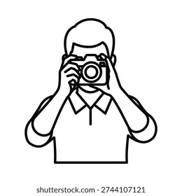 This minimalist black and white line art illustration depicts a man holding a DSLR camera to his face, poised to take a photo. Ideal for photography-themed projects, logos, and creative designs.