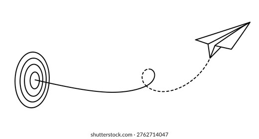 This minimalist black and white line drawing depicts a paper airplane following a curved, partially dashed flight path that leads directly to the center of a circular target. The image symbolizes accuracy, goal setting, strategic planning, and successful achievement through a clear trajectory. The clean, vector-style design emphasizes simplicity and conceptual clarity, making it suitable for business, educational, or motivational contexts regarding direction and precision.