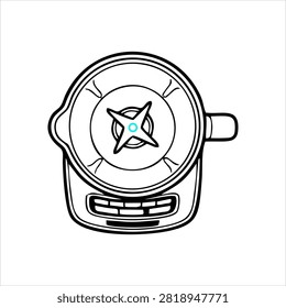 This is a minimalist black and white line drawing of a kitchen blender from a top-down perspective, highlighting the blade and base controls.