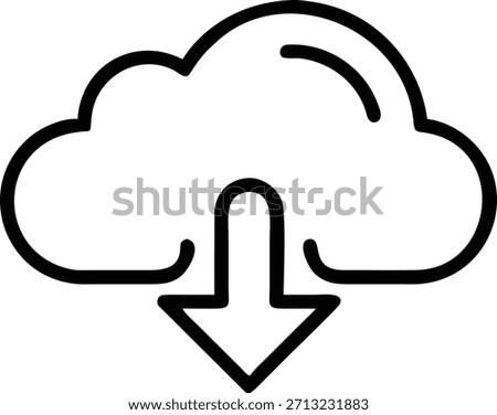 This minimalist black and white line art icon depicts the concept of downloading content from a cloud computing service. The design features a stylized cloud shape with a prominent downward-pointing arrow originating from its center, symbolizing the transfer of information or files from the online cloud repository to a local device. This icon is widely used in digital user interfaces, websites, and applications to represent a download action or a file transfer status.