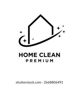This minimalist black and white logo features a clean house outline with a dynamic swoosh and sparkling stars, symbolizing tidiness and freshness.