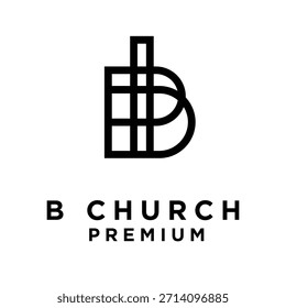 Este logotipo preto e branco minimalista para "B Church Premium" combina exclusivamente uma letra estilizada B com uma cruz sutil ou forma de torre, apresentado contra um fundo branco imaculado. 