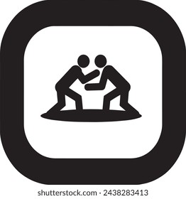 Este vector minimalista en blanco y negro representa dos figuras comprometidas en un combate de lucha libre en una alfombra, encapsulado dentro de un marco cuadrado redondeado.