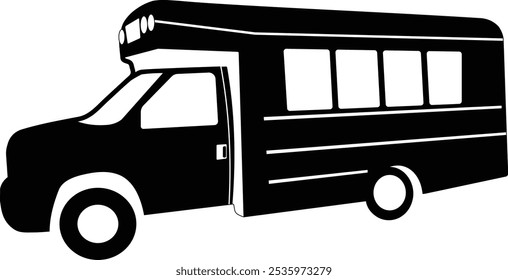 This minimalist black and white vector illustration features a school bus silhouette, capturing a classic and recognizable vehicle design. school bus, bus silhouette, bus vector, vehicle clipart