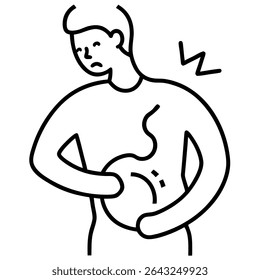 Esta ilustração de vetor em preto e branco minimalista representa uma pessoa com dor abdominal e dor de estômago intensa.