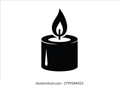 This minimalist black and white vector illustration features a single burning candle housed within a simple cylindrical container representing light and serenity for spiritual practice or religious rituals during a solemn memorial or calm meditation session