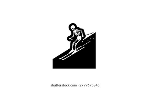 This minimalist black and white vector art features a human skeleton enthusiastically downhill skiing on a mountain slope, equipped with skis and poles, against a clean white background