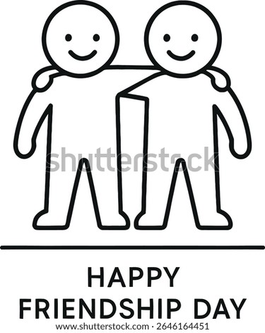 This is a minimalist black and white vector outline illustration of two stylized human figures with their arms linked together, symbolizing friendship. Happy Friendship Day Vector 