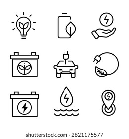 This minimalist black-and-white icon set features nine clean outline graphics representing green energy and eco-friendly technology. The collection highlights essential symbols such as a leaf lightbulb, sustainable batteries, an electric vehicle charging, a hydroelectric water drop, and an EV station location pin. It serves as an ideal graphic toolkit for environmental blogs, sustainable energy app interfaces, alternative power presentations, and corporate eco-responsibility marketing materials.#GreenEnergy #EcoFriendlyIcons #RenewablePower #ElectricVehicles #Sustainability #VectorGraphics #LineArtIcons #CleanEnergy #Hydroelectric #EnvironmentalDesign