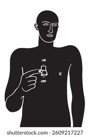 This is a minimalist black-and-white illustration of a figure with a symbolic switch on his chest, labeled ON and OFF, indicating control over emotions or states of being.