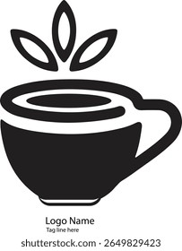 Este design minimalista de logotipo preto-e-branco combina criativamente uma xícara de café ou chá com três formas de folhas emergentes, simbolizando a frescura, ingredientes naturais e sustentabilidade. O l limpo