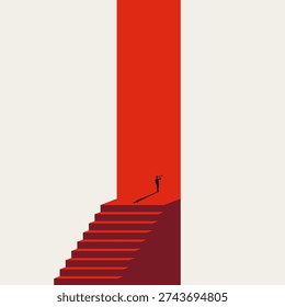 This minimalist business vector concept illustration features a man with a telescope on red stairs, symbolizing corporate vision and future searching.