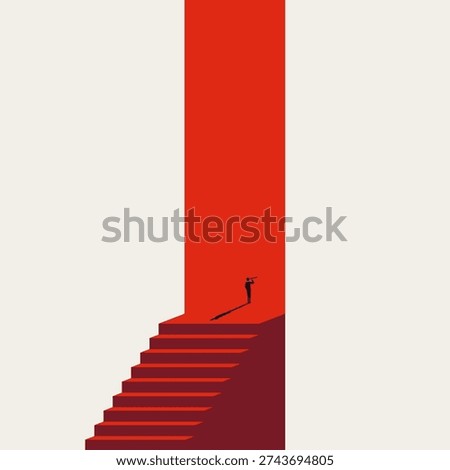 This minimalist business vector concept illustration features a man with a telescope on red stairs, symbolizing corporate vision and future searching.