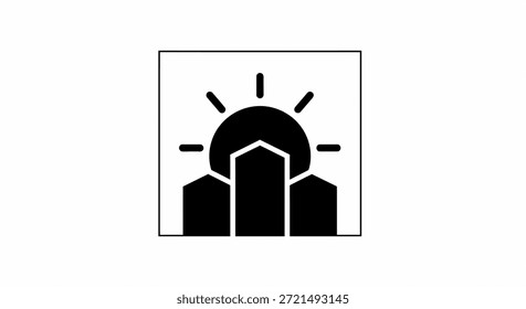 This minimalist cityscape logo features a sun rising over modern architecture. This iconic design is perfect for businesses in real estate, urban development, tourism, or any organization looking
