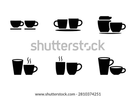 This minimalist collection of black coffee cup icons showcases various drinking vessels including espresso mugs and latte glasses set against a stark white background. These clean vector graphics are ideal for cafe menus or modern kitchen design projects.