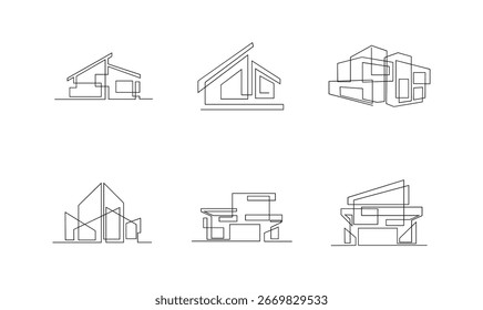 This minimalist collection features six continuous line art illustrations of modern architectural designs, showcasing various abstract houses and contemporary buildings with clean