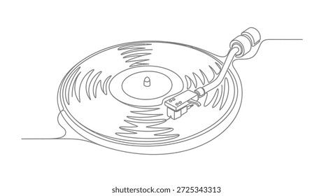 This is a minimalist continuous line art illustration of a vinyl record player. It's a simple yet elegant design, perfect for representing music, audio, or vintage technology. The clean lines and