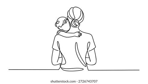 Este minimalista arte lineal continuo que dibuja el día de la madre captura un momento sentido entre una madre y su hijo. Vista desde atrás, la madre se para con su hijo abrazado en su hombro, destacando un fuerte vínculo de amor y seguridad. El brazo del niño se envuelve suavemente alrededor del cuello de la madre, transmitiendo comodidad y afecto. La sencilla pero potente línea negra sobre un fondo blanco enfatiza la pureza y profundidad de su conexión.
