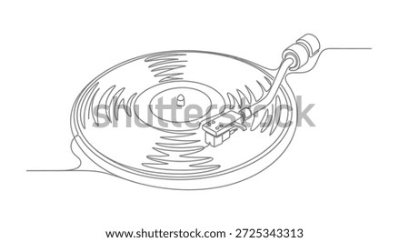 This is a minimalist continuous line art illustration of a vinyl record player. It's a simple yet elegant design, perfect for representing music, audio, or vintage technology. The clean lines and