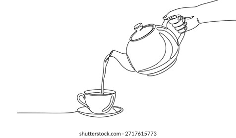 Esta es una ilustración minimalista de dibujo de línea continua de una mano vertiendo té de una tetera en una taza con un platillo. El diseño simple pero elegante captura la esencia de la hora del té en una sola