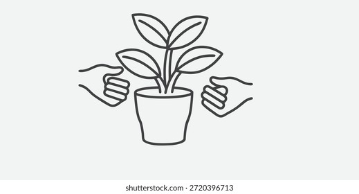 Este dibujo minimalista de línea continua representa dos manos acunando una planta en maceta. La única línea negra ininterrumpida forma las manos que sostienen la maceta en la parte inferior, de la que crece una exuberante planta con varias hojas estilizadas y una flor en ciernes contra un fondo blanco liso.