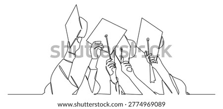 This minimalist continuous line illustration depicts graduates celebrating their accomplishments, holding graduation caps and diplomas. Ideal for university, college, and other events.
