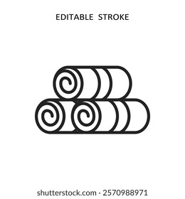 This minimalist design features elegantly rolled towels and dynamic strokes, enhancing hospitality spaces by promoting cleanliness, comfort, and aesthetics for an inviting atmosphere for guests