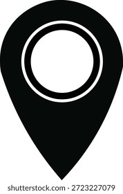 Este es un diseño minimalista con un icono de pin de ubicación negro con un círculo central blanco. Es un símbolo limpio y fácilmente reconocible para lugares y ubicaciones. profesional de alta calidad detallado