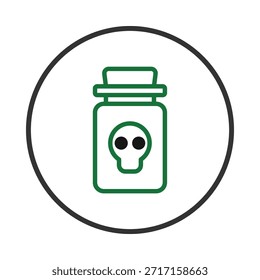 This minimalist design presents a green outline of a bottle containing a substance symbolized by a skull, indicative of danger, toxicity, or poison. It's a clear warning, suitable for healthcare or