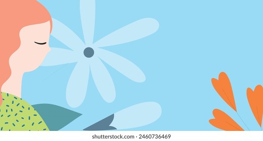 This minimalist digital artwork features a serene profile of a woman set against a backdrop of large, stylized floral elements. 