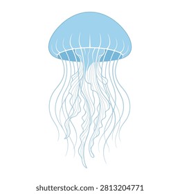 This minimalist digital illustration features a single blue jellyfish with long graceful tentacles floating on a clean white background. The elegant design captures the translucent nature of the sea creature in a simple and artistic linear style.