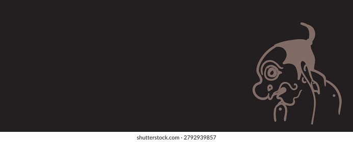 This minimalist digital vector graphic features a horizontal banner template highlighting traditional Indonesian folklore, set against a solid, dark charcoal black background. Positioned on the right side of the composition is a clean line art illustration depicting the head and shoulders of Petruk, a famous comic character from the Javanese Wayang Kulit (shadow puppet) tradition and the Punakawan clown-servant quartet. The character illustration is rendered in a muted taupe or earthy brown tone, capturing his distinct features including a bulbous nose, a smiling expression, wide round eyes, and his signature tuft of hair pointing upward. The entire left and central portions of the frame are left completely unobstructed, offering a wide, minimalist copy-space canvas optimized for cultural article headers, traditional theatrical event banners, educational presentations, and Javanese heritage promotional flyers
